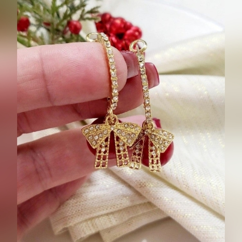 Womens Christmas Gold Bow Earrings